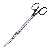 Gorney Freeman Facelift Super-Cut Scissor Curved with Flat on Top and Bottom of Each Blade. 7 1/4" (185mm) Overall Length with Both Blades Serrated. Black Ring Handles with Ergonomic Spread 